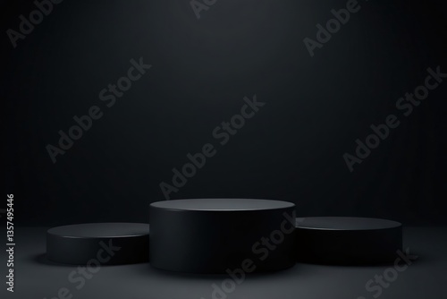 Dark black 3D background with three podiums, product display, copy space, showcase, black item, promotional material,  platforms,  marketing
