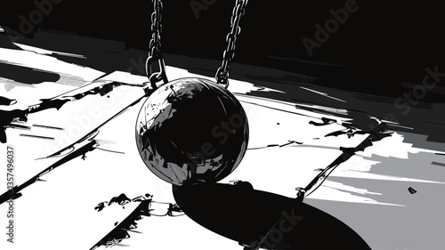 The image is a black and white illustration depicting a large metal ball suspended from chains, swinging over an abstract surface.  The style is high contrast, emphasizing light and shadow. The