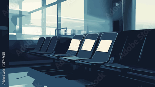The image shows a row of empty dark-blue upholstered chairs in a modern waiting area. The chairs are arranged in a neat row facing a large window showing bright light from outside. The overall