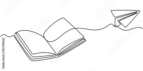 Continuous one line drawing of open book with flying paper plane. Vector illustration on whit Book with flying paper airplane continuous line drawn.  Education linear symbol.e background. 