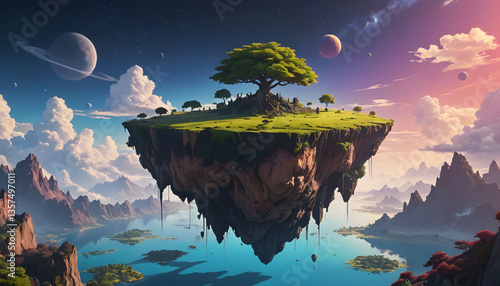 A imaginary floating island suspended in an endless void of shifting colors