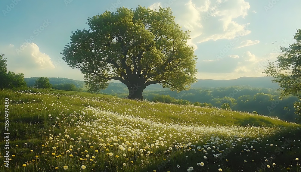 Fototapeta premium Spring meadow, lone tree, hills, sunset