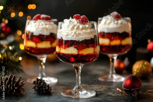Indulgent Layered Trifle Dessert with Rich Chocolate Sponge Cake, Fluffy Whipped Cream, and Vibrant Fruit Jelly Served in Elegant Glasses