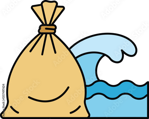 A large beige sack floating near ocean waves in a minimal and flat design style showcasing environmental concerns in vector art