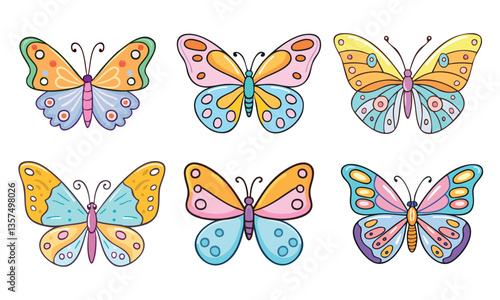 Série de 6 papillons colorés dessinée style enfantin, vue du dessus.