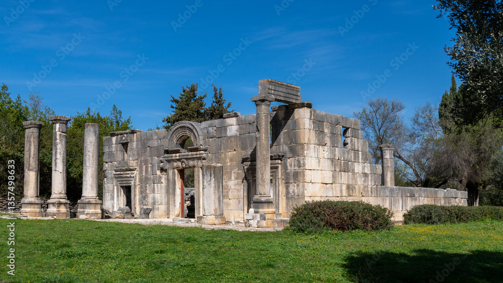 Fototapeta premium The facade of the ancient Bar'am Synagogue in Bar'am National Park in northern Israel near the Lebanese border. 