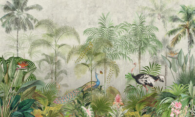 Papier peint photo Jungle Forêt tropicale aquarelle vintage tons chauds  © александр Бужореан