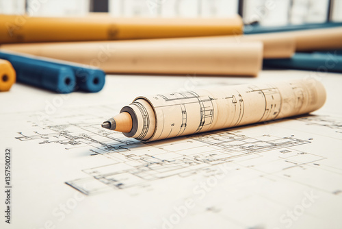 Blueprint Plans: A detailed architectural blueprint sits on a table, accompanied by rolled-up plans and a pencil, symbolizing creativity and engineering.