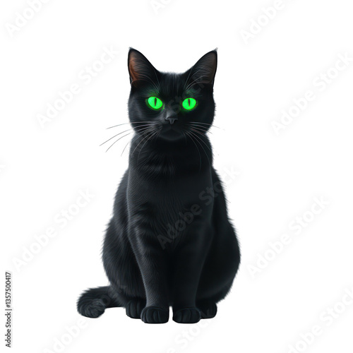 a black cat with glowing green eyes sits against a dark background, creating a spooky halloween image