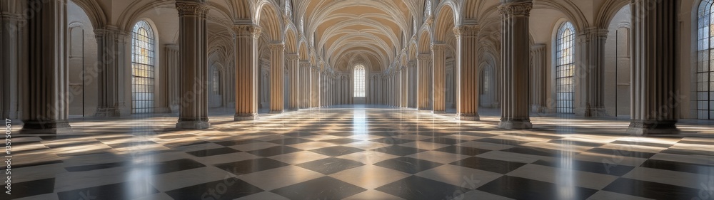 Obraz premium Elegant Basilica Interior with Arches and Marble Floor Illumination