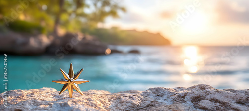 Golden Starfish Ornament on Coastal Rock with Turquoise Sea at Sunrise a Tropical Dream Holiday Scene with Azure Water and Sunny Beach Under Sunlight for Tranquil Relaxation