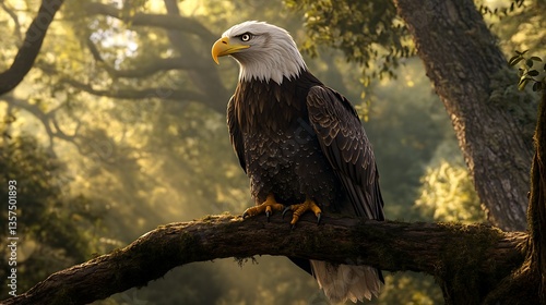 A regal eagle perched on a tree branch, looking into the distance with intense focus,