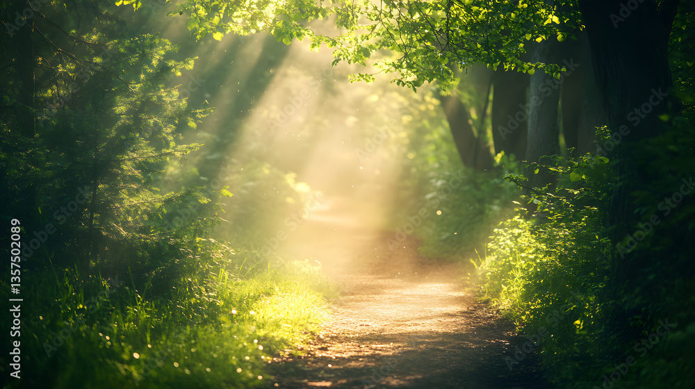 Obraz premium Soft glowing mist over a forest path wallpaper serene nature background tranquil environment enchanting viewpoint