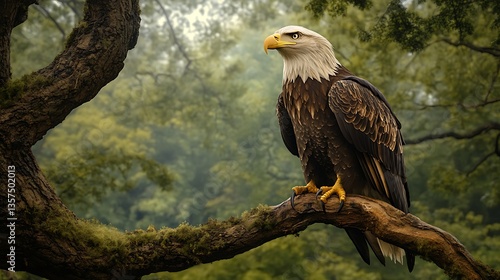 A regal eagle perched on a tree branch, looking into the distance with intense focus,