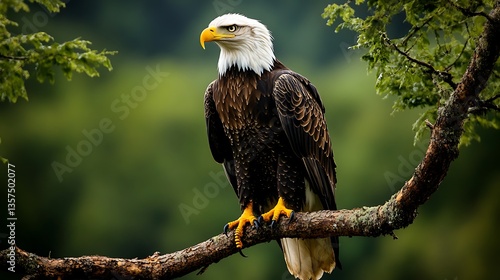 A regal eagle perched on a tree branch, looking into the distance with intense focus,