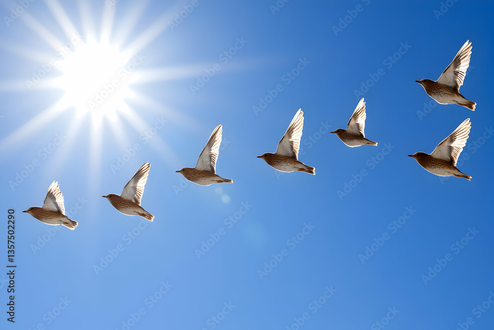 Obraz premium Group of Birds Flying in Formation Against a Bright Blue Sky and Intense Sunlight Creates a Sense of Freedom and Seasonal Migration Under Clear Sky on Sunny Day