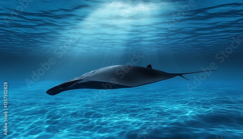 A sleek manta ray gliding effortlessly through the blue ocean, with light filtering from above,