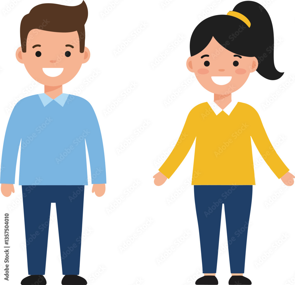 Two cheerful characters standing side by side in a flat design style, showcasing vibrant colors and friendly expressions in this engaging vector illustration Two cheerful characters standing side by side in a flat design style, showcasing vibrant colors and friendly expressions in this engaging vector illustration