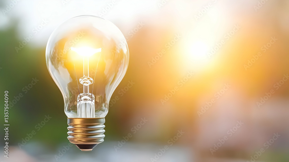 Illuminated Light Bulb with Bright Filament Against Blurry Green Background Symbolizing Innovation Electricity and Sustainable Energy with a Creative and Conceptual Theme Illuminated Light Bulb with Bright Filament Against Blurry Green Background Symbolizing Innovation Electricity and Sustainable Energy with a Creative and Conceptual Theme