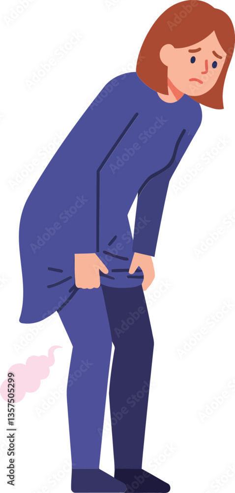 A woman in a blue outfit looking embarrassed while holding her pants with a light-hearted expression in a humorous flat vector illustration A woman in a blue outfit looking embarrassed while holding her pants with a light-hearted expression in a humorous flat vector illustration