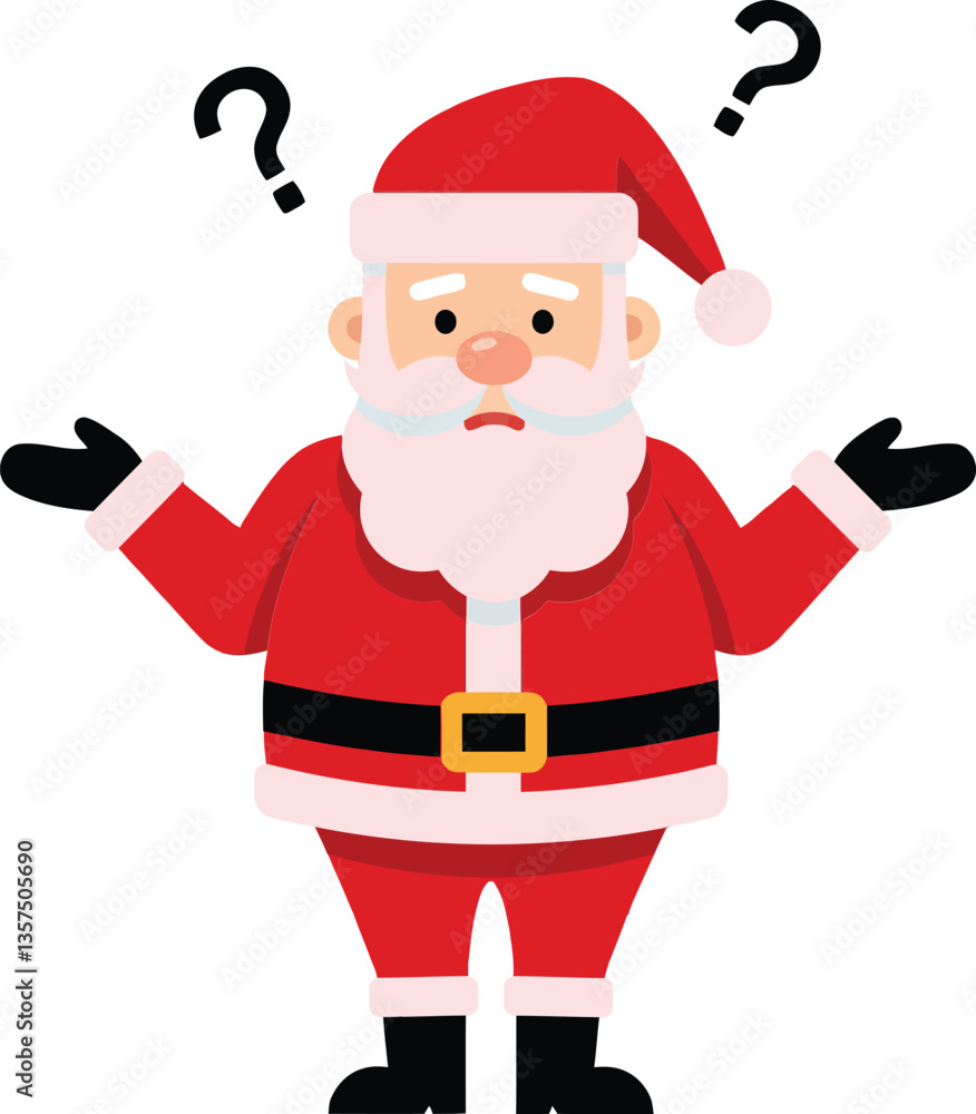 Cheerful Santa Claus with a questioning expression in a flat design, surrounded by question marks, conveying curiosity and confusion in vector art Cheerful Santa Claus with a questioning expression in a flat design, surrounded by question marks, conveying curiosity and confusion in vector art