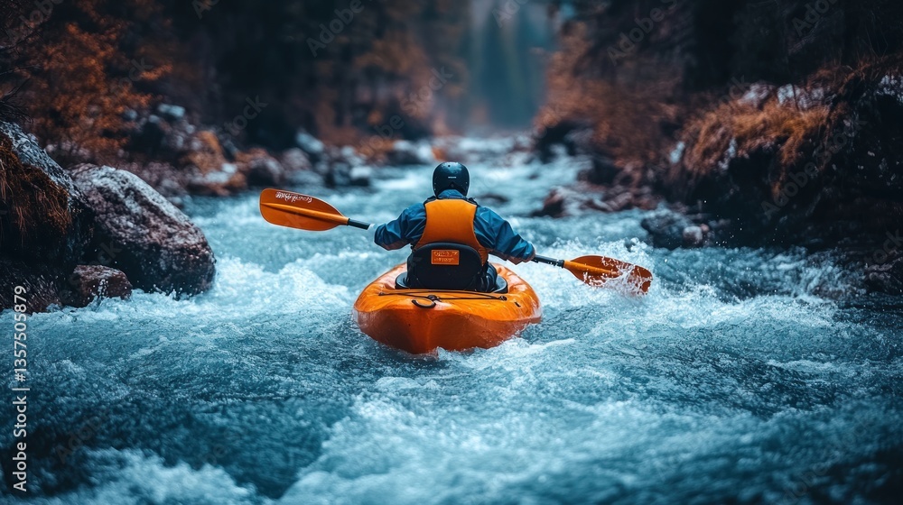 Fototapeta premium Kayaker navigating a turbulent river. A person paddles a kayak through a fast-moving, rocky river. The rapids are intense, showcasing the power of nature