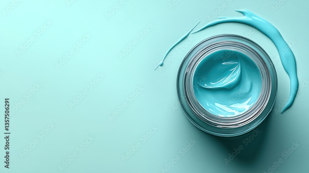 Light teal cosmetic jar with flowing cream Light teal cosmetic jar with flowing cream