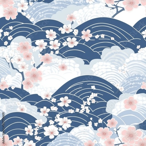 Seamless Japanese pattern featuring traditional wave motifs and cherry blossoms in soft indigo tones for an elegant look Generative AI