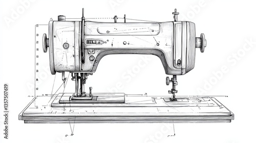Sewing machine in continuous line art drawing style.