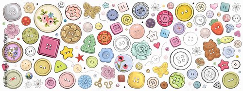 Set of hand drawn sewing button and bead isolated on white background. Sewing supplies. Vector illustration