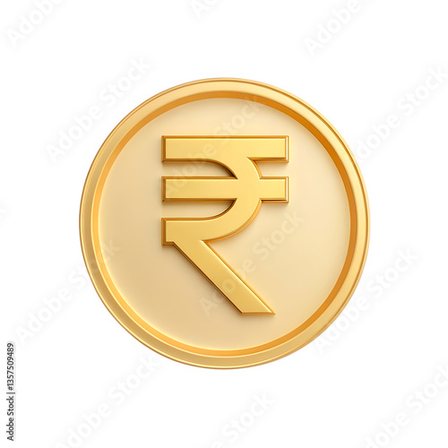 A gold coin featuring a raised Indian rupee symbol on a beige background.