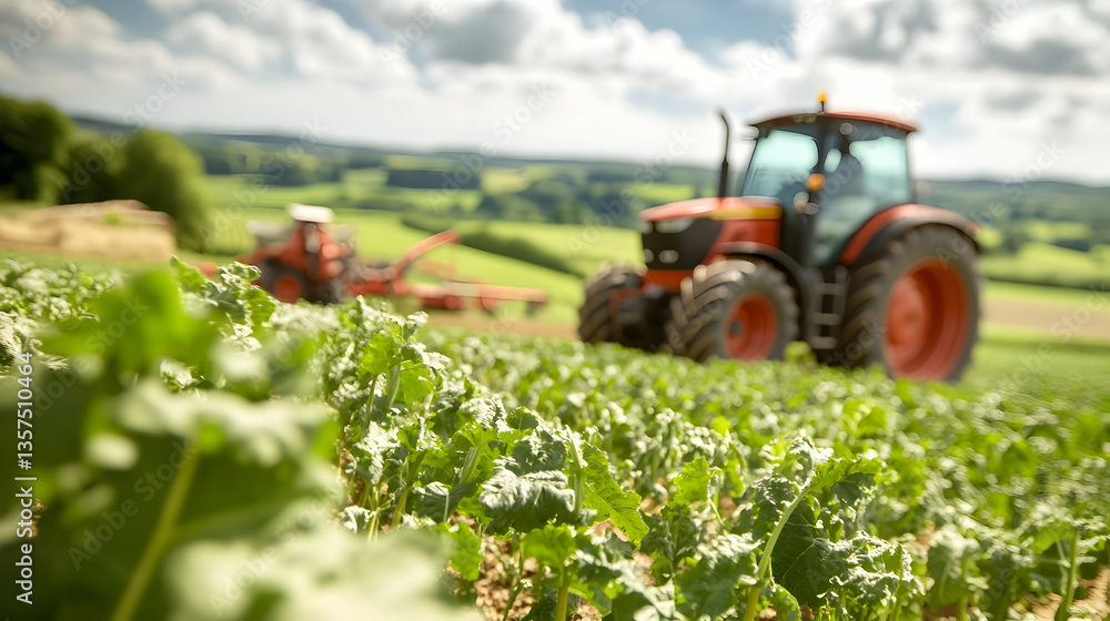 Red Tractor in Agricultural Field with Green Crops Under Cloudy Sky at Daytime Showing Plow and Agricultural Equipment Used for Farming and Cultivation Red Tractor in Agricultural Field with Green Crops Under Cloudy Sky at Daytime Showing Plow and Agricultural Equipment Used for Farming and Cultivation