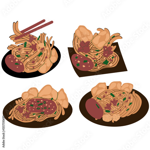 illustration set of fried noodle food collection