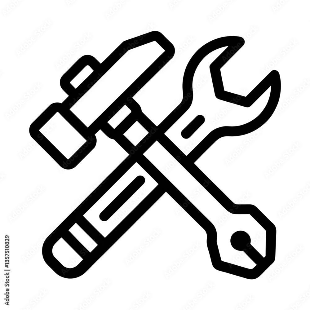 Black and White Icon of Hammer and Wrench Crossed Together Representing Tools and Maintenance Black and White Icon of Hammer and Wrench Crossed Together Representing Tools and Maintenance