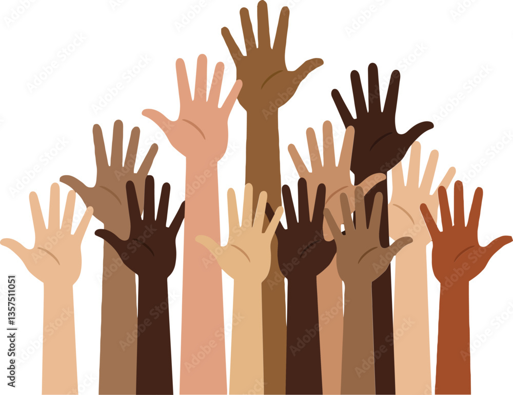 Diverse hands raised in unity, showcasing a range of skin tones in a minimalistic style, celebrating togetherness and solidarity in vector art Diverse hands raised in unity, showcasing a range of skin tones in a minimalistic style, celebrating togetherness and solidarity in vector art