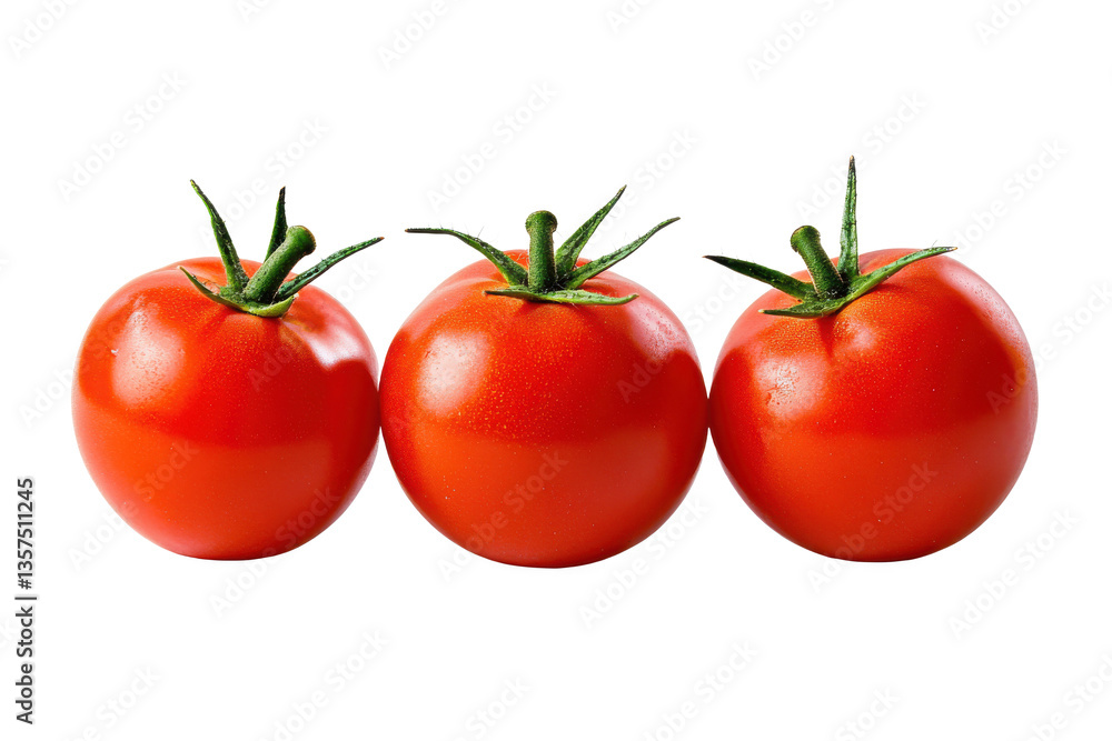 Three ripe tomatoes lined up in a row against a plain white background in a studio setting Three ripe tomatoes lined up in a row against a plain white background in a studio setting