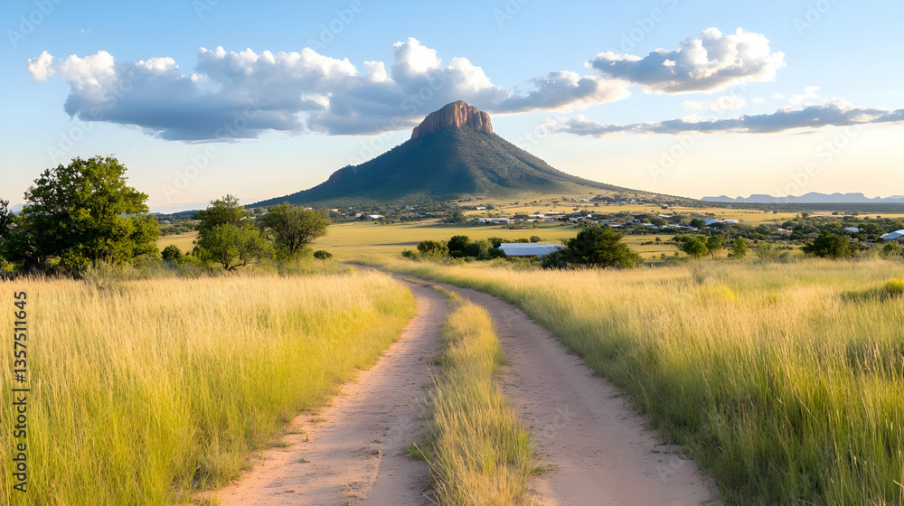 Scenic View of a Dirt Road Leading to a Grassy Mountain Under a Blue Cloudy Sky Surrounded by Golden Grassland in a Rural Landscape on a Bright Sunny Day Scenic View of a Dirt Road Leading to a Grassy Mountain Under a Blue Cloudy Sky Surrounded by Golden Grassland in a Rural Landscape on a Bright Sunny Day