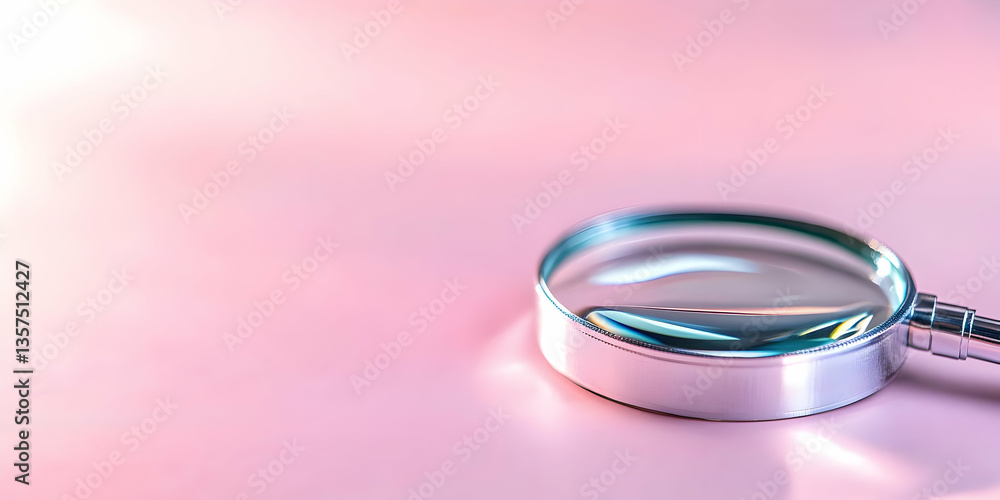 Silver Framed Magnifying Glass on Soft Pink Surface Under Bright Studio Lighting Investigation Tool for Detail Oriented Inspection and Examination in a Plain Backdrop Silver Framed Magnifying Glass on Soft Pink Surface Under Bright Studio Lighting Investigation Tool for Detail Oriented Inspection and Examination in a Plain Backdrop