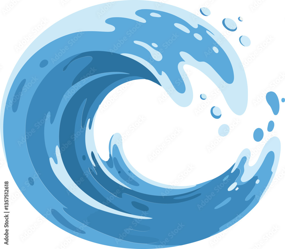 Ocean wave in motion depicted with a minimal design style showcasing fluid shapes and vibrant blues, emphasizing energy and tranquility in vector art