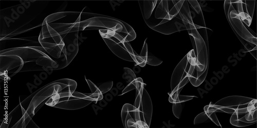 Smoke steam set of airborne particulates and gases emitted. Gray smokes or steam, for use on dark background. Realistic cigarette smoke or steam waves of hot coffee or tea. Food steam, hookah or vapor