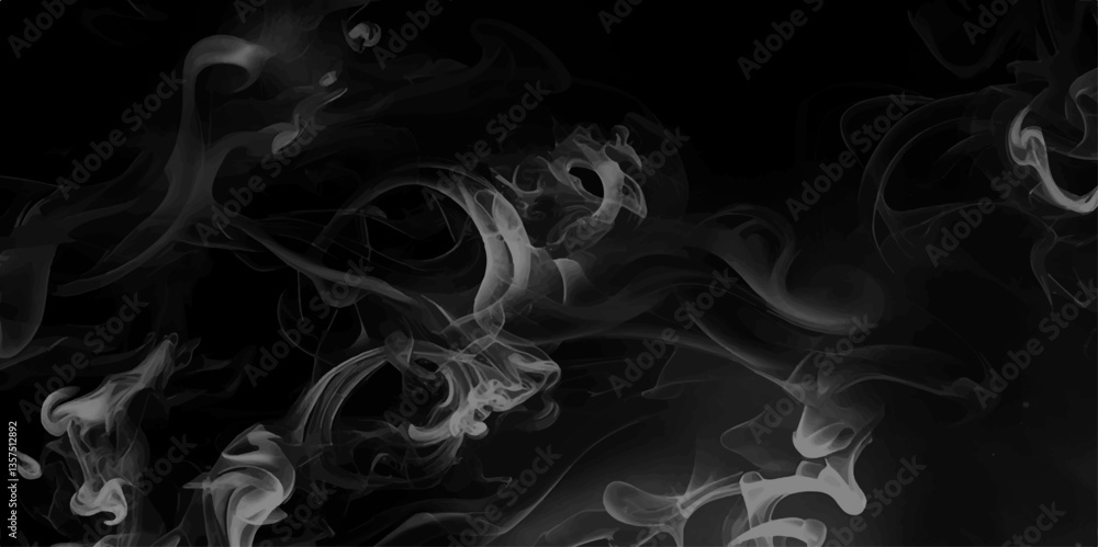 Naklejka premium Smoke steam set of airborne particulates and gases emitted. Gray smokes or steam, for use on dark background. Realistic cigarette smoke or steam waves of hot coffee or tea. Food steam, hookah or vapor