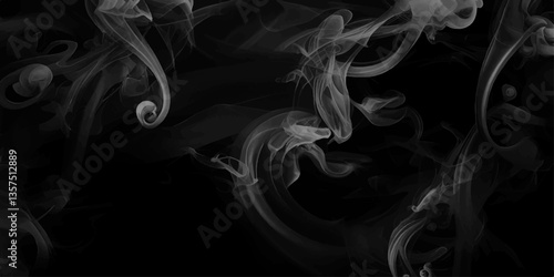 Smoke steam set of airborne particulates and gases emitted. Gray smokes or steam, for use on dark background. Realistic cigarette smoke or steam waves of hot coffee or tea. Food steam, hookah or vapor