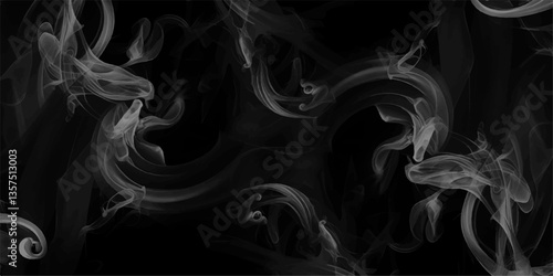 Smoke steam set of airborne particulates and gases emitted. Gray smokes or steam, for use on dark background. Realistic cigarette smoke or steam waves of hot coffee or tea. Food steam, hookah or vapor