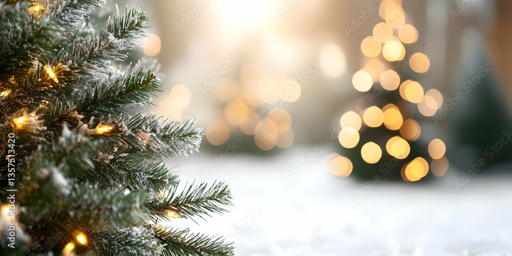 Obraz premium Snow Covered Christmas Trees with Golden Bokeh Lights Festive Winter Holiday Season Background in Soft Focus Outdoor Scene