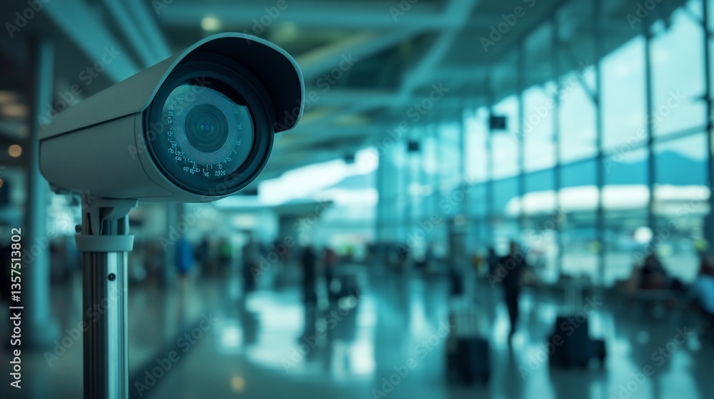 Security Camera Overlooking a Busy Airport Terminal with Blurred Passengers Security Camera Overlooking a Busy Airport Terminal with Blurred Passengers