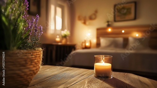 Cozy and Serene Bedroom with Candle and Lavender in Soft Natural Light for Relaxation and Comfort