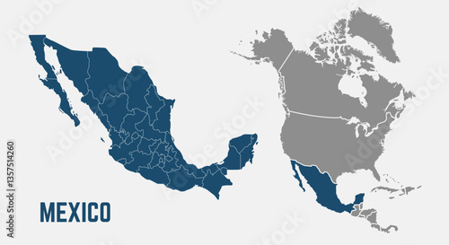 North America map. Mexico map with regions. North America map isolated on white background. High detailed. Vector illustration