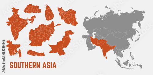 Southern Asia map. India, Afghanistan, Iran, Pakistan, Bangladesh map with regions. Southern Asia map isolated on white background. High detailed. Vector illustration	