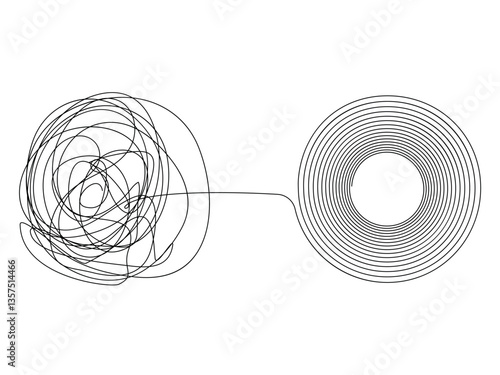 Process of complex problem to simple solution idea concept. Chaos scribble line turn into bulb. Business searching path vector doodle
