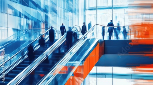 Blurred Motion of Business People on Escalator in Modern Building